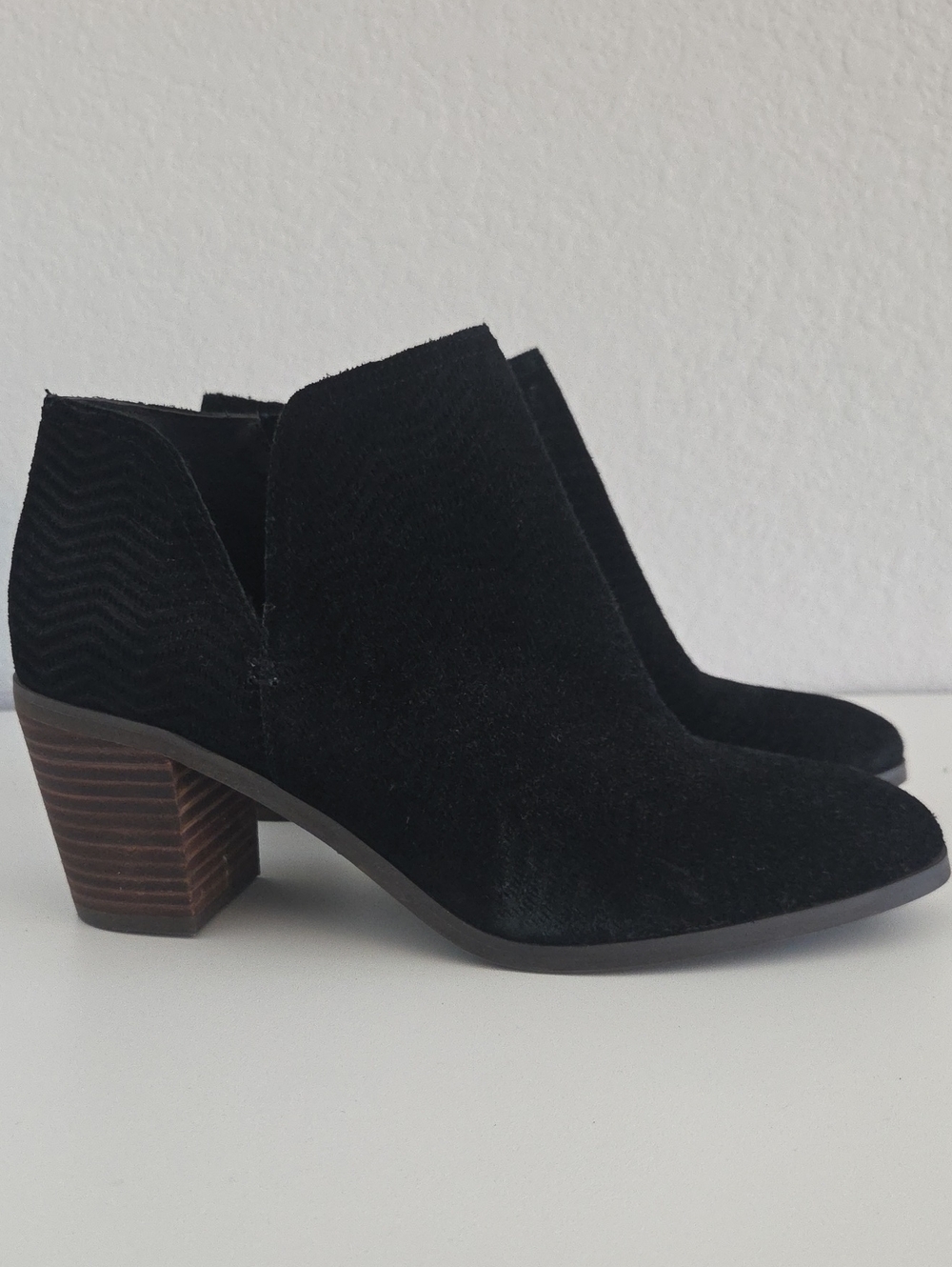 Lucky Brand Pickla Boots Black Leather Suede Ankle Bootie Stacked Wood Heel 10M